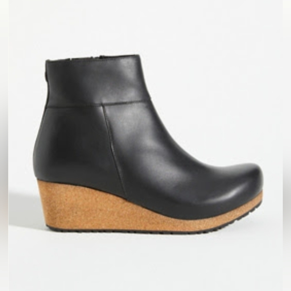 Papillio Ebba Black Leather Ankle Boots 41 10M Birkenstock Cork Wedges Booties
